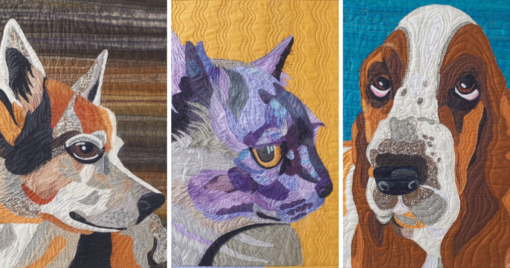 Three pet portrait quilts by Jane Haworth